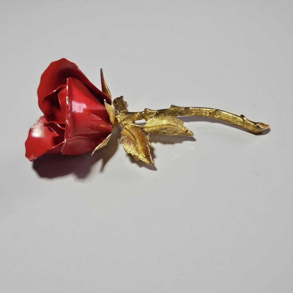Vintage KAREW Red Enamel Long Stem Rose Flower Gold tone 3D Large Brooch Pin